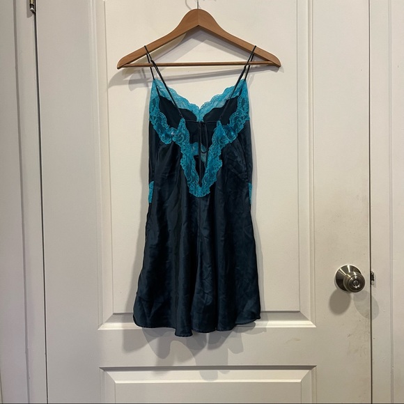 Victoria’s Secret Blue Satin Chemise With Turquoise Floral Lace Trim - Picture 3 of 3